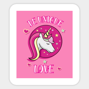 Be Unique Love Beautiful Unicorn Head With Stars And Hearts pink Poster Sticker